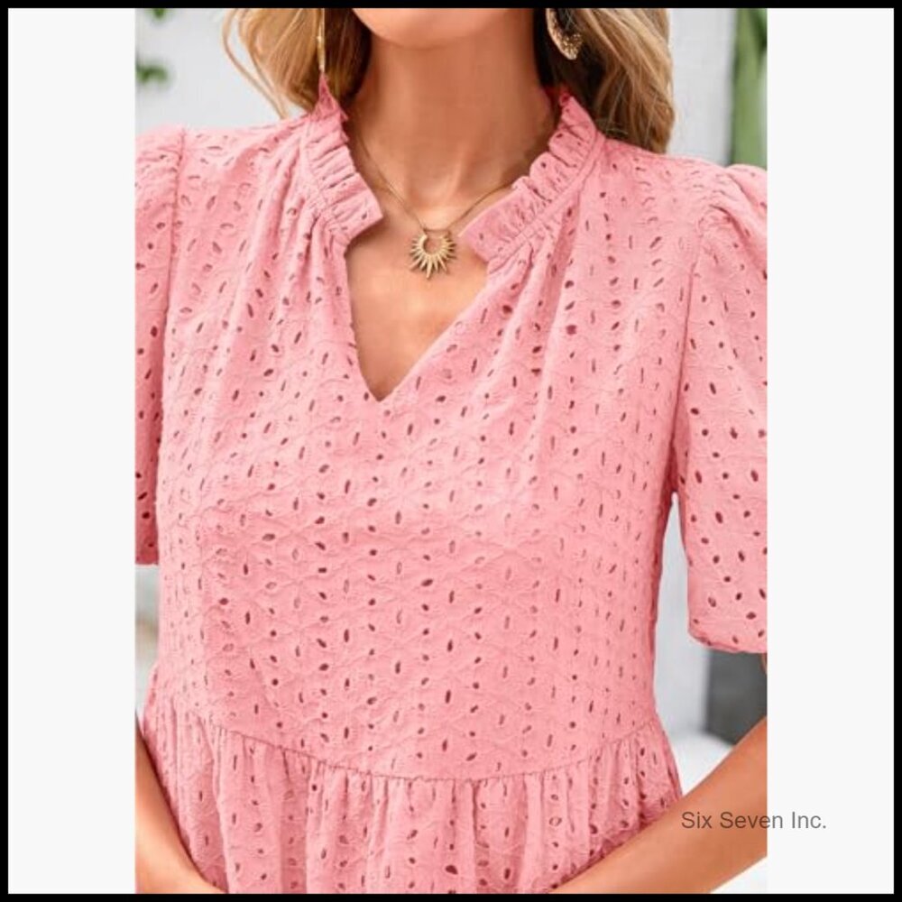 Eyelet Summer Mini Dress with Hollow Out Detail Short Sleeve V Neck - Picture 6 of 7